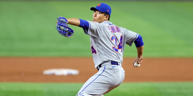 Kodai Senga, #34 of the New York Mets, delivers a pitch against the Miami Marlins during the second inning of the game at loanDepot park on April 2, 2023 in Miami.