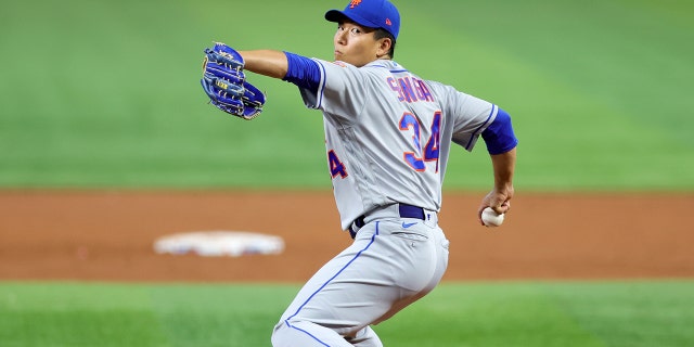 Kodai Senga, #34 of the New York Mets, delivers a pitch against the Miami Marlins during the second inning of the game at loanDepot park on April 2, 2023 in Miami.