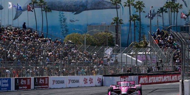 Kyle Kirkwood competes during the IndyCar Grand Prix of Long Beach auto race Sunday, April 16, 2023, in Long Beach, Calif. Kirkwood won the race.