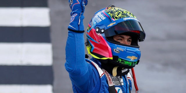 Kyle Larson, driver of the #5 HendrickCars.com Chevrolet, celebrates after winning the NASCAR Cup Series NOCO 400 at Martinsville Speedway on April 16, 2023 in Martinsville, Virginia.