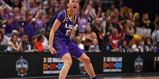 Last-Tear Poa #13 of the LSU Lady Tigers reacts during the first half against the Iowa Hawkeyes during the 2023 NCAA Women's Basketball Championship game at the American Airlines Center on April 02, 2023 in Dallas, Texas.