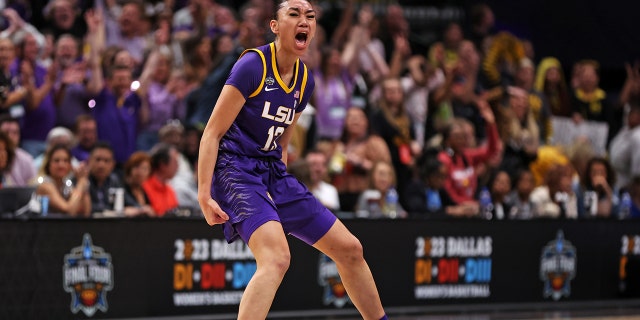 Last-Tear Poa #13 of the LSU Lady Tigers reacts during the first half against the Iowa Hawkeyes during the 2023 NCAA Women's Basketball Tournament championship game at American Airlines Center on April 02, 2023 in Dallas, Texas.