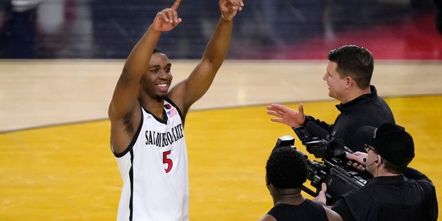 San Diego State guard Lamont Butler celebrates after defeating Florida Atlantic during the NCAA Tournament Final Four game on Saturday, April 1, 2023, in Houston.