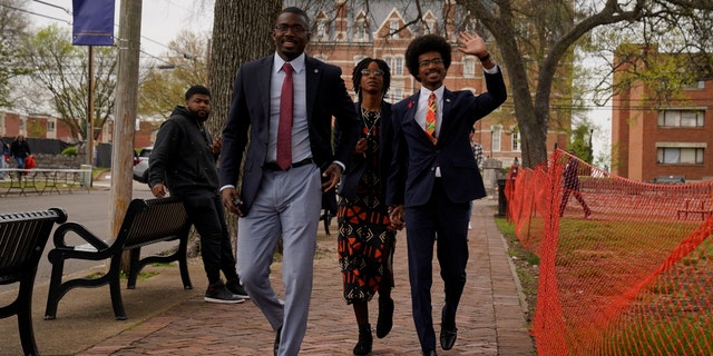 Representative Justin Pearson makes a finger sign as he arrives to attend a speech by US Vice President Kamala Harris after voting to impeach two Democrats, Justin Pearson and Justin Jones, for their roles in a gun control rally in Tennessee.  Capitol, in Nashville, Tennessee, USA, April 7, 2023. 