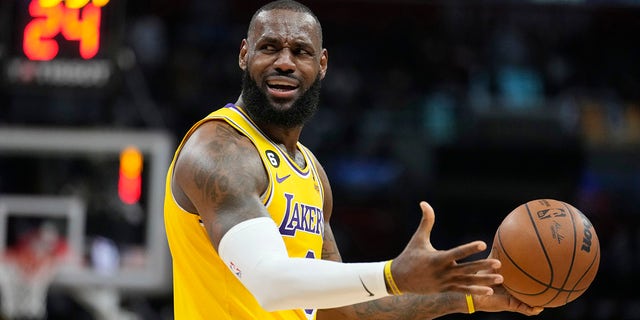 Los Angeles Lakers forward LeBron James reacts to a call during the second half of the team's NBA basketball game against the Los Angeles Clippers on Wednesday, April 5, 2023, in Los Angeles.