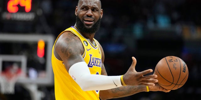 Los Angeles Lakers forward LeBron James reacts to a call during the second half of the team's NBA basketball game against the Los Angeles Clippers on Wednesday, April 5, 2023, in Los Angeles.