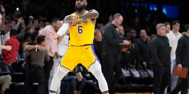 Lakers forward LeBron James celebrates after a 3-point basket by Dennis Schroder against the Minnesota Timberwolves on Tuesday, April 11, 2023, in Los Angeles.