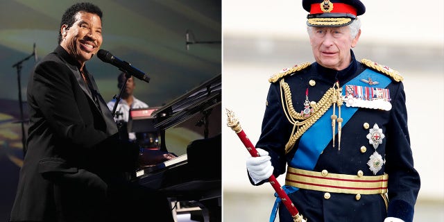 photo of Lionel Richie at the piano split with photo of King Charles