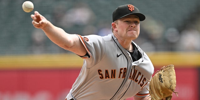 Logan Webb of the San Francisco Giants pitches in the first inning against the Chicago White Sox at Guaranteed Rate Field April 5, 2023, in Chicago.