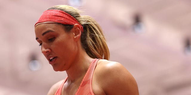 Lolo Jones looks on after competing in the Women’s 60m Hurdles during the New Balance Indoor Grand Prix in Boston on Feb. 4, 2023.