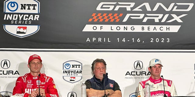 Marcus Ericsson, left, Michael Andretti, center, and Kyle Kirkwood attend a news conference for the IndyCar Grand Prix of Long Beach auto race, Saturday, April 15, 2023 in Long Beach, Calif.