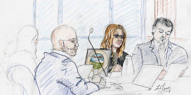 This courtroom sketch, from left, depicts Madison County prosecutor Rob Wood, Lori Vallow Daybell and defense attorney Jim Archibald during opening statements of Vallow Daybell's murder trial in Boise, Idaho, Monday, April 10, 2023. 