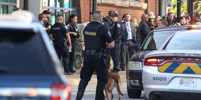 The scene of a shooting in downtown Louisville on Monday, April, 10, 2023.
