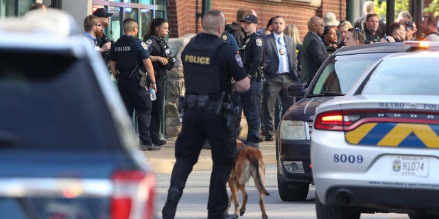 The scene of a shooting in downtown Louisville on Monday, April, 10, 2023.