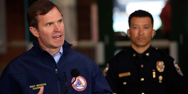 Andy Beshear, Governor of Kentucky, speaks during a news conference after a gunman opened fire at the Old National Bank building on April 10, 2023, in Louisville, Kentucky. According to reports, there are multiple fatalities and injuries but the shooter died at the scene. 