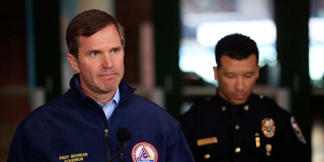 Andy Beshear, Governor of Kentucky, speaks during a news conference after a gunman opened fire at the Old National Bank building on April 10, 2023 in Louisville, Kentucky.
