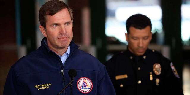 Andy Beshear, Governor of Kentucky, speaks during a news conference after a gunman opened fire at the Old National Bank building on April 10, 2023 in Louisville, Kentucky.