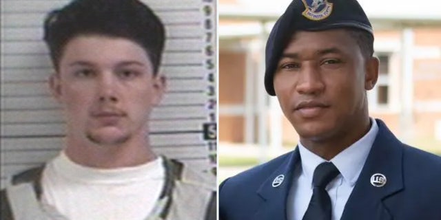Amateur MMA fighter Ross Johnson's booking photo for allegedly slugging U.S. Air Force First Class Dayvon Larry, right, in a bar fight in Panama City Beach, Florida.
