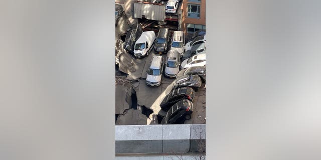 A general view of a collapsed parking garage in the Manhattan borough of New York city, U.S., April 18, 2023 in this picture obtained from social media. 