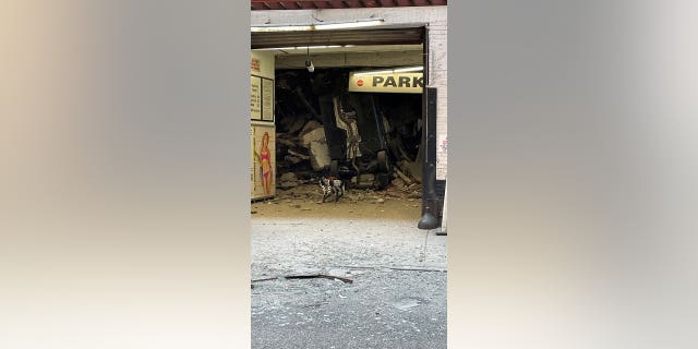 View of a collapsed parking garage in the Manhattan borough of New York city, U.S., April 18, 2023 in this picture obtained from social media. 