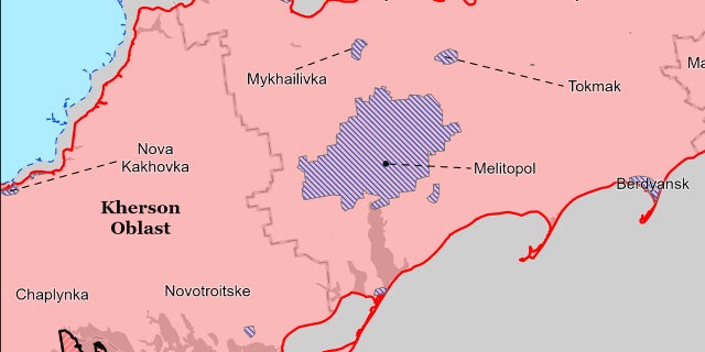 A map of a vital triangle region in Zaporizhzhia made up by Tokmak, Melitopol, and Vasilyevka cities. Ukraine could target the triangle region in a spring offensive.