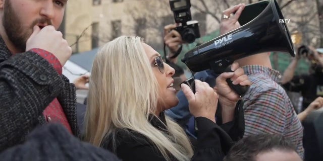 Marjorie Taylor Greene delivers a message to NYC Mayor Eric Adams as she rallied outside of Manhattan Criminal Court ahead of Donald Trumps surrender