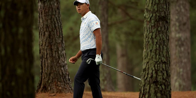 Si Woo Kim of South Korea looks on from the first hole during the second round of the 2023 Masters Tournament at the Augusta National Golf Club on April 7, 2023 in Augusta, Georgia.