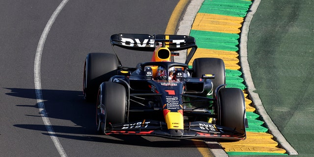Red Bull driver Max Verstappen of Netherlands leads during the Australian Formula One Grand Prix at Albert Park in Melbourne, Sunday, April 2, 2023. 