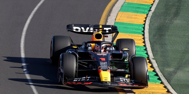 Red Bull driver Max Verstappen of Netherlands leads during the Australian Formula One Grand Prix at Albert Park in Melbourne, Sunday, April 2, 2023.