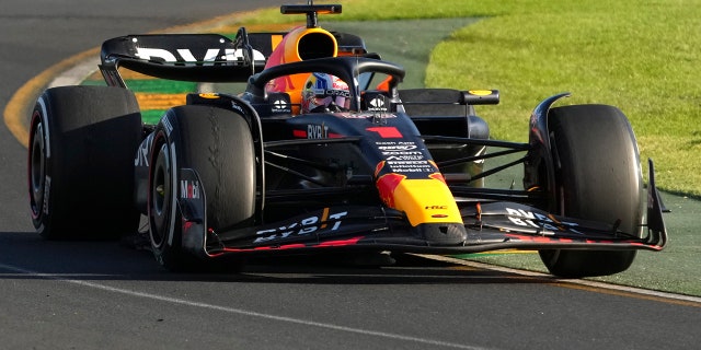 Red Bull's Dutch driver Max Verstappen runs into a corner during the Australian Formula One Grand Prix at Albert Park in Melbourne on Sunday, April 2, 2023. 