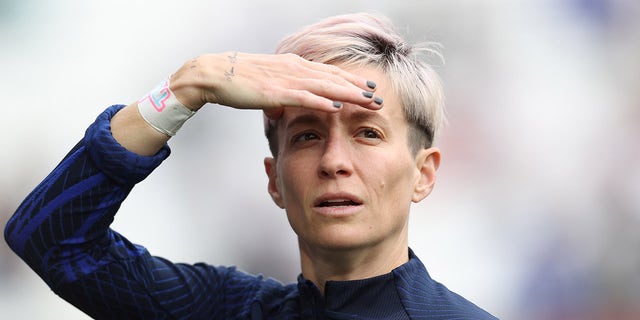 Megan Rapinoe gestures during a SheBelieves Cup match between United States and Japan at GEODIS Park on Feb. 19, 2023, in Nashville, Tennessee.