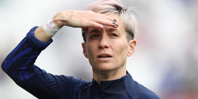 Megan Rapinoe gestures during a SheBelieves Cup match between United States and Japan at GEODIS Park on Feb. 19, 2023, in Nashville, Tennessee.