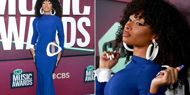 Megan Thee Stallion rocked a bright blue dress for the CMT Music Awards.