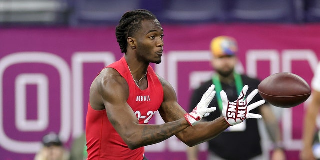 Louisiana‐Lafayette wide receiver Michael Jefferson participates in a drill during the NFL Combine at Lucas Oil Stadium on March 4, 2023 in Indianapolis, Indiana.
