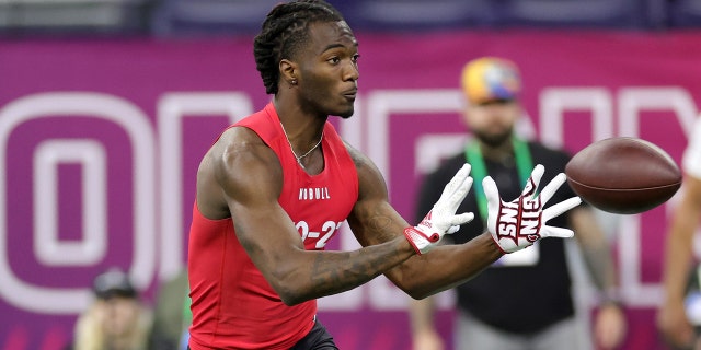 Louisiana-Lafayette wide receiver Michael Jefferson participates in a drill during the NFL Combine at Lucas Oil Stadium on March 4, 2023 in Indianapolis, Indiana.