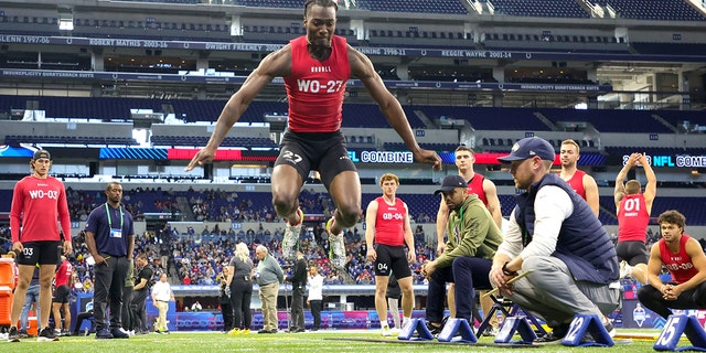 Wide receiver Michael Jefferson of Louisiana‐Lafayette participates in the long jump during the NFL Combine at Lucas Oil Stadium on March 4, 2023 in Indianapolis, Indiana.