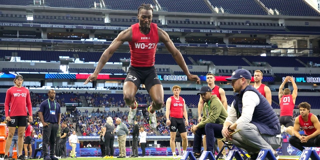 Wide receiver Michael Jefferson of Louisiana‐Lafayette participates in the long jump during the NFL Combine at Lucas Oil Stadium on March 4, 2023 in Indianapolis, Indiana.