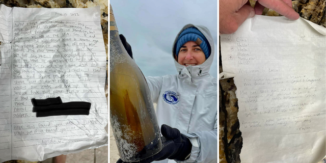 Jace and Kathryn Tunnell found two messages in bottles that were reportedly sent out by visitors of Jamaica. The pair found the messages washed up on Matagorda Island while they conducted a survey on the Texas beach. Kathryn Tunnell (center) held up bottles for her husband, Jace, to photograph.