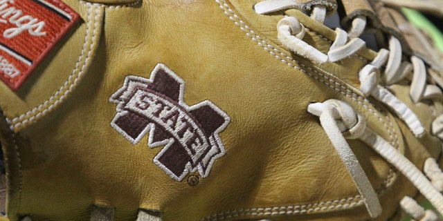 Mississippi State Bulldogs glove during a college softball game between the Mississippi State Bulldogs and the North Dakota State Bisons on May 19, 2018 at Hillenbrand Stadium in Tucson, AZ.