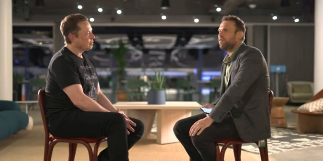 Elon Musk being interviewed by BBC reporter James Clayton.