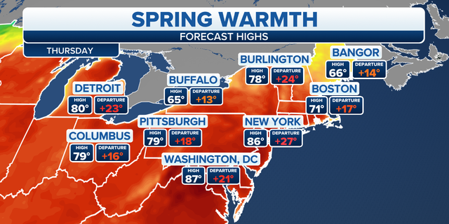 Spring warmth forecast across the Plains, New England