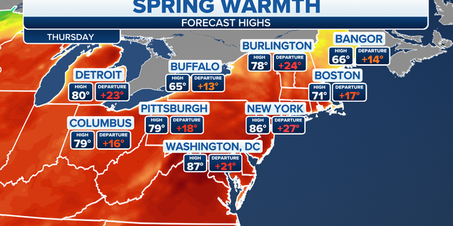 Spring warmth forecast across the Plains, New England