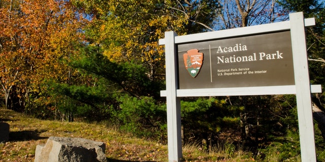 A sign for Acadia National Park in Bar Harbor, Maine.