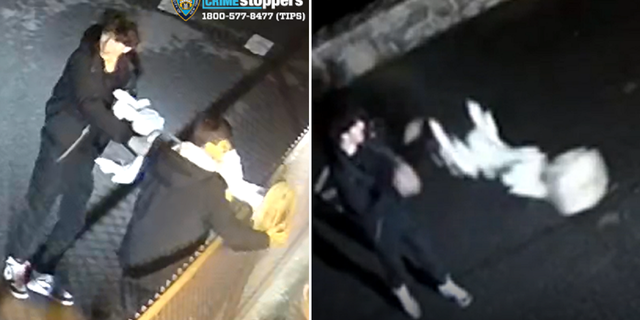 Two of the suspects are seen removing an angel statue from the Holy Family Church in Queens on March 23 before one tosses it onto the street.