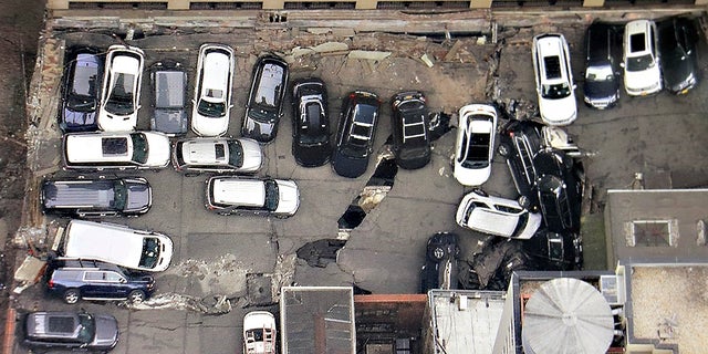 NYC parking garage collapse aerial view