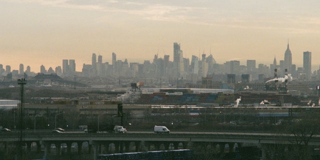 Smog-choked New York City skyline from Newark, New Jersey