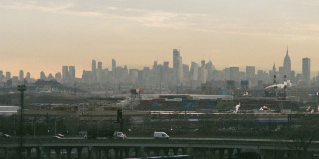 Smog-choked New York City skyline from Newark, New Jersey