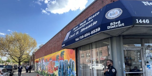 The scene where a man was shot in the head outside the Bronx office of state Assembly Speaker Carl Heastie on Monday. 