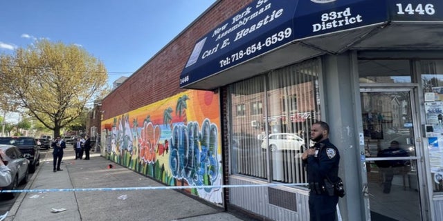 The scene where a man was shot in the head outside the Bronx office of state Assembly Speaker Carl Heastie on Monday.