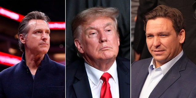 Former President Donald Trump, center, Florida Gov. Ron DeSantis, right, and California Gov. Gavin Newsom, left